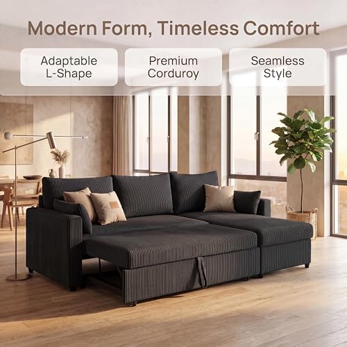 Queen Sleeper Sofa, Convertible Sofa Bed with Storage, 85 Inch Sectional Couch with Pull Out Bed, L Shaped 3 Seat Sectional Sleeper Sofa for Living Room, Apartment, Black