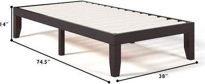 KOMFOTT 14 Inches Wood Platform Bed Frame Twin Size, Wooden Mattress Foundation with Rubber Wood Frame, Strong Wooden Slat Support, No Box Spring Needed, Bed Frame (Dark Brown)
