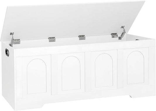 DINZI LVJ Storage Chest, 50” Extra Large Storage Bench with 2 Safety Hinges, Wooden Toy Box with Flip-Top, Large Trunk for Living Room, Playroom, Easy Assembly, White