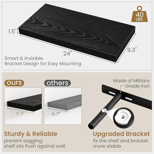 Black Floating Shelves 24 Inch Long, 9.3 Inch Deep Floating Shelf for Lving Room, Bedoom, Kitchen, Deep Wall Shelves for Bathroom, 2 Pack Storage Display Shelf for Books, Decors
