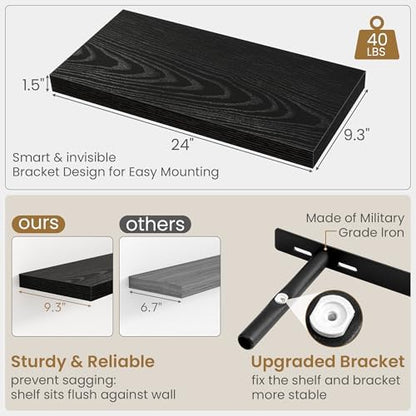 Black Floating Shelves 24 Inch Long, 9.3 Inch Deep Floating Shelf for Lving Room, Bedoom, Kitchen, Deep Wall Shelves for Bathroom, 2 Pack Storage Display Shelf for Books, Decors