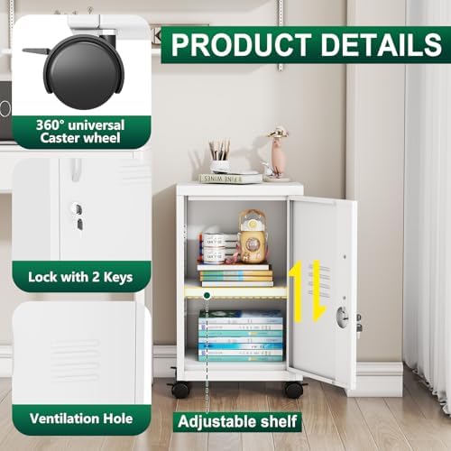 Metal Mobile File Cabinet with Lock,Under Desk Metal Vertical Filing Cabinets with Shelf and Wheels for Home Office Organizer Letters/Legal Size, White (Required Assembly)