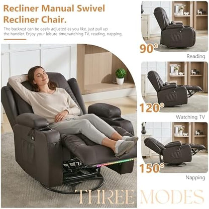 URRED Swivel Rocker Recliner Chair with LED Ambient Lights for Adults，Brown