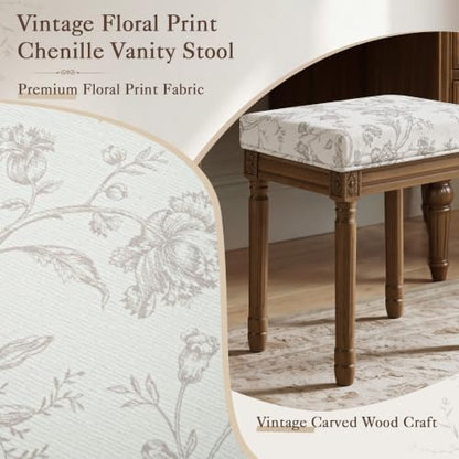 LUE BONA Vintage French Vanity Bench Stool, Upholstered Floral Makeup Chair
