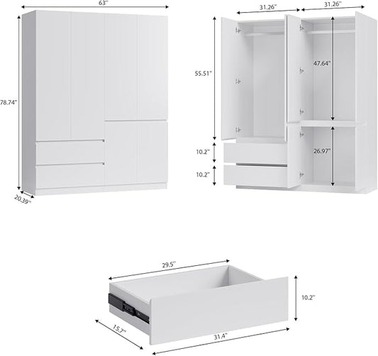 Bobve78 H Armoire Wardrobe Closet with 4 Doors and 2 Drawers, Wooden Bedroom Armoires with Hanging Rod, No Freestanding Wardrobe Cabinet for Bedroom, White