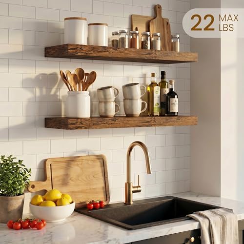 Dreamland Floating Shelves, Rustic Wooden Wall Shelves for Bathroom|Bedroom|Kitchen, Deep Wall Mounted Book Shelf, Wood Storage Display Shelf for Home Decor, 22.5" X 6.7" Set of 2, Brown