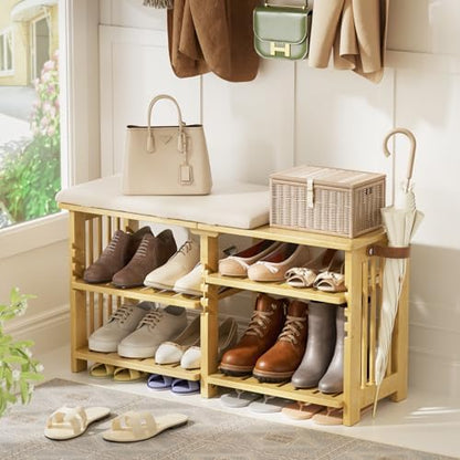 Bamboo Shoe Rack Bench, 3-Tier Shoe Bench Height Adjustable, Entry Bench with Side Storage Strap, Shoes Organizer Storage Bench, Shoe Shelf with Seat Cushion for Entryway, Living Room, Hallway