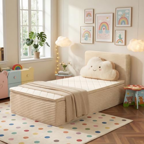 Twin Boneless Bed Frame with Mattress, 16 Inch Memory Foam Mattress with Plush Fabric Upholstered Bed Frame Platform, No Assembly Required,Cool Night & Relieve Pressure with Medium Support, Beige