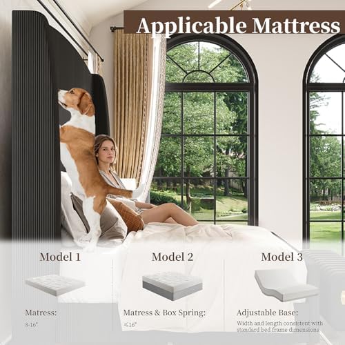 66" Extra Tall Cal King Size Bed Frame with Wingback Headboard, Black