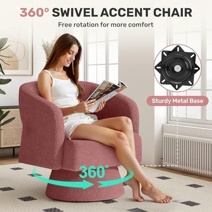 Nebuaegis Swivel Accent Chair, Modern Comfy Teddy Barrel Chairs, Oversized Upholstered Round Arm Chair for Living Room, Bedroom, Reading Room, Dark Pink, 1 PCS