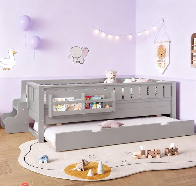 Bellemave Twin Size Kids Bed with high Rails and with Built-in Bookshelf and Trundle for Kids, Girls, Boys, Wood Montessori Bed Without Door, Gray
