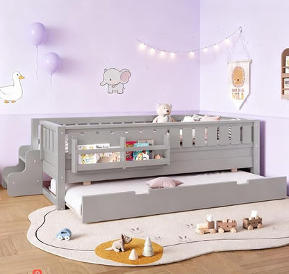 Bellemave Twin Size Kids Bed with high Rails and with Built-in Bookshelf and Trundle for Kids, Girls, Boys, Wood Montessori Bed Without Door, Gray