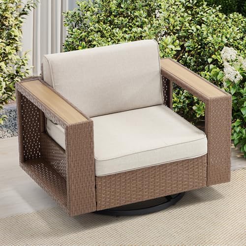 Bonzy Home Wicker Patio Chair, 360° Swivel Rattan Outdoor Patio Chairs with Extra-Thick Soft Cushions and Widened Armrest for Porch, Garden Poolside Balcony