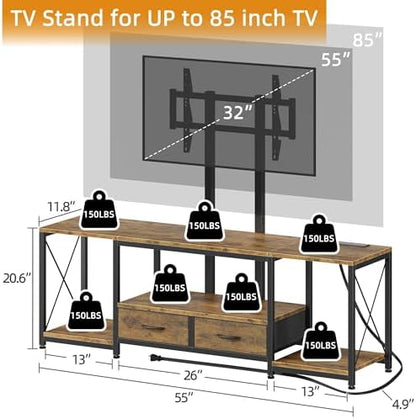 GYIIYUO LED TV Stand with Mount and Power Outlet & Fabric Drawers for 32-85 Inches TV - Entertainment Center and Corner Tv Stand for Living Room, Bedroom- 55" Rustic Brown (MAX VESA 600mm × 400mm)