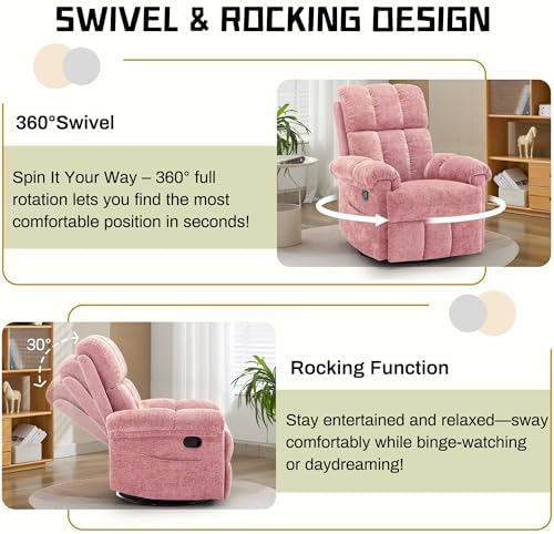 Korser Small Swivel Rocker Recliner Chair, Manual Recliner, Rose Pink