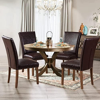 Parsons Dining Chairs Set of 6, Upholstered Nailhead PU Leather Dining Room Kitchen Side Chair with Thick Cushions and Wood Legs, Dark Brown