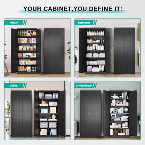 SISESOL Black Storage Cabinet,71" Tall Pantry Cabinet,Kitchen Pantry Storage Cabinets with 2 Doors and 5 Shelves,Wide Deep Metal Food Cupboard for Home,Kitchen,Dining/Living Room