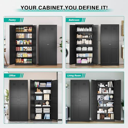 SISESOL Black Storage Cabinet,71" Tall Pantry Cabinet,Kitchen Pantry Storage Cabinets with 2 Doors and 5 Shelves,Wide Deep Metal Food Cupboard for Home,Kitchen,Dining/Living Room