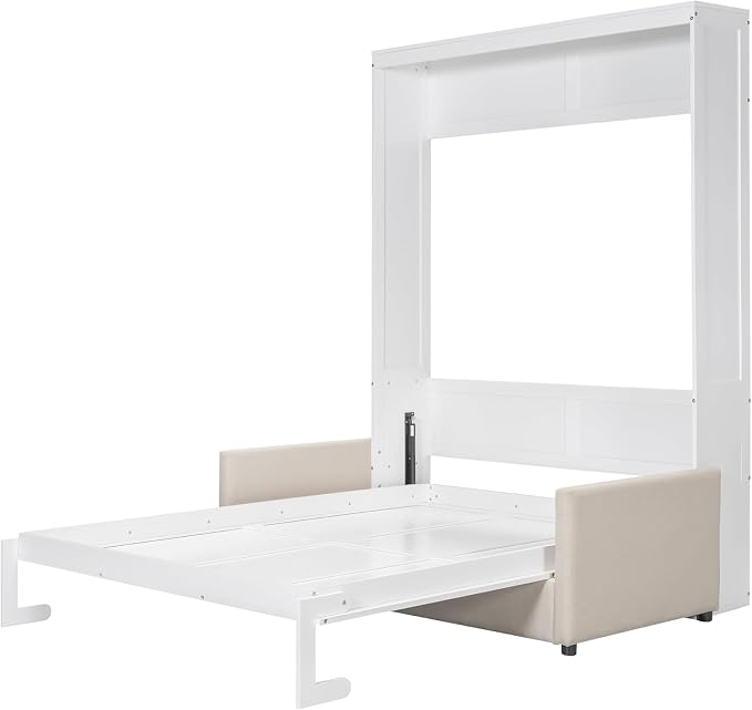 MERITLINE Queen Murphy Bed with Sofa,Wood Vertical Folding Murphy Wall Bed Cabinet with Couch,for Adults Guest Rooms,Offices,Apartments (White)