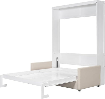 MERITLINE Queen Murphy Bed with Sofa,Wood Vertical Folding Murphy Wall Bed Cabinet with Couch,for Adults Guest Rooms,Offices,Apartments (White)