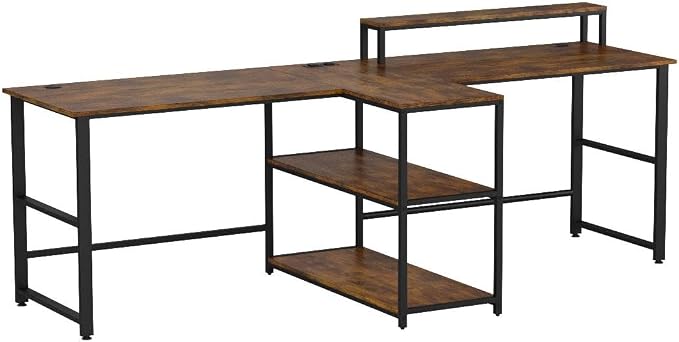 SEDETA 94.5" Home Office Desks, Computer Gaming Desk with Storage, LED Lights, Power Strip with USB, Keyboard Tray & Monitor Stand, Extra Long Double Desk for 2 Person, Rustic Brown