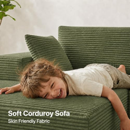 Claiks 132" Boneless Couch, U-Shape Corduroy Sectional Sofa, Green