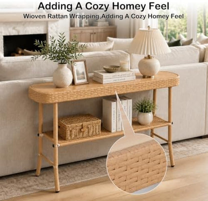 Entryway Table with Storage, 2-Tier 47inch Console Table with Woven Wrap