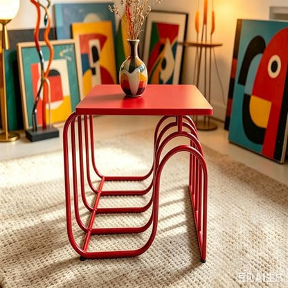 Red Curved Metal Side Table - Modern Square Accent End Table with Artistic Layered Frame, Minimalist Decorative Nightstand for Living Room, Bedroom, Entryway, Small Spaces, Easy to Clean