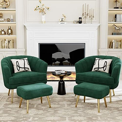 Andeworld Velvet Accent Chair with Ottoman, Barrel Armchair, Green