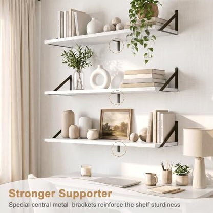 Floating Shelves, 36 x 12 Inches, Set of 2 Wall-Mounted Shelves with Metal Brackets, Decorative Wall Shelf for Living Room, Bedroom, Bathroom (White)