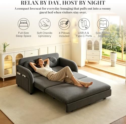 52.4" Full Size Sleeper Sofa Bed, 3-in-1 Pull Out Chenille Couch