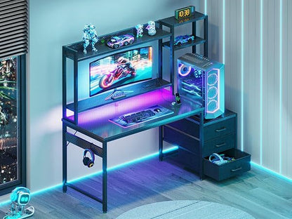 Casaottima 48 Inch Gaming Desk with Hutch & 3 Fabric Drawers, Computer Desk with USB Ports & LED Lights, Reversible Pc Gamer Table with Monitor Stand for Home Office, Carbon Fiber Black