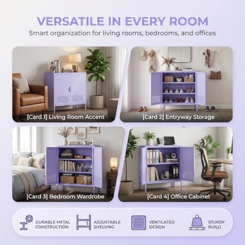 Purple Metal Storage Cabinet 2 Adjustable Shelves Ventilated Steel Cabinet Doors Multi-Functional Storage Cabinet Suitable for Hallway、 Living Room、 Kitchen and Office Storage
