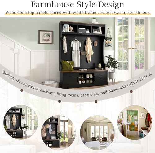 Merax 71''H Farmhouse Hall Tree with Bench and Shoe Storage, 5-in-1 Modern Entryway Storage Organizer Cabinet with Rack, 4 Shoe Cubbies & 7 Hooks for Hallway, Entryway, Living Room, Black