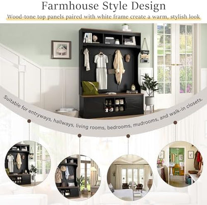 Merax 71''H Farmhouse Hall Tree with Bench and Shoe Storage, 5-in-1 Modern Entryway Storage Organizer Cabinet with Rack, 4 Shoe Cubbies & 7 Hooks for Hallway, Entryway, Living Room, Black