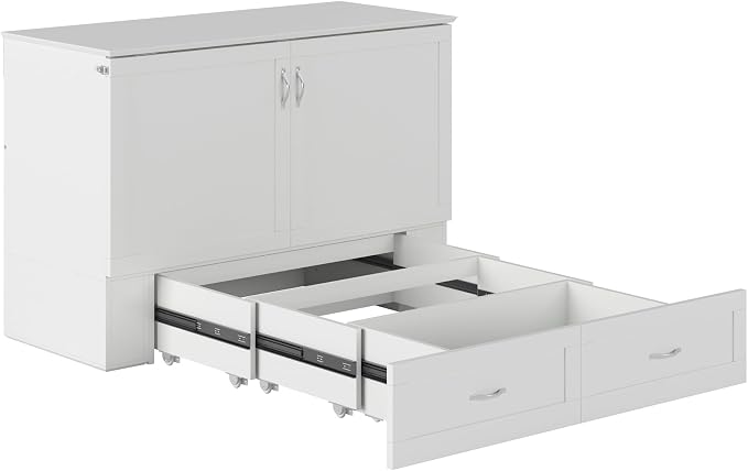 AFI Hamilton Full Murphy Bed Chest with Mattress, Storage, and Built-in Charger in White