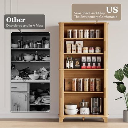 Decofy 69" Tall Kitchen Pantry Storage Cabinet with Sliding Door, Modern Curved Edge Pantry Storage Cabinet with 5 Shelves, Cupboard for the Kitchen, Dining Room, Bedroom, Living Room, Office (Oak)