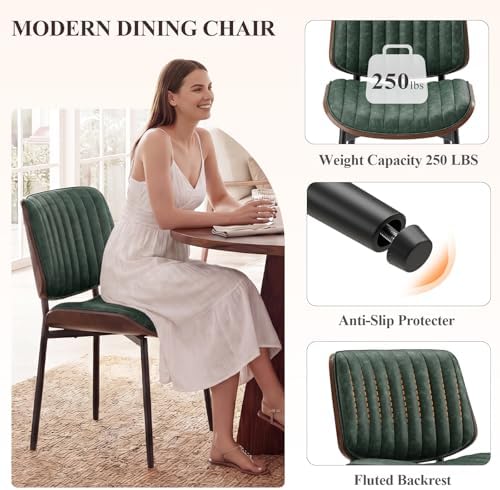 MALOL Leather Dining Chairs Set of 4, Modern Upholstered Dining Room Kitchen Chairs with Metal Legs and Wooden Back Support for Home Dining Room/Restaurant, Green
