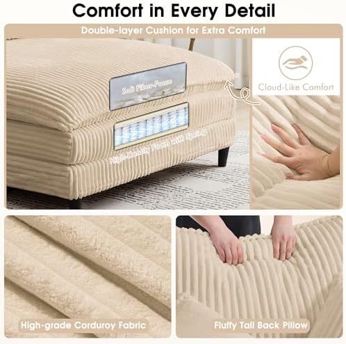 110" W Oversized Double Chaise Lounge Sofa Couch, Corduroy Sleeper Sofa Bed with Adjustable Backrest, Modern Upholstered Cloud Couch with Deep Seat & Pillows for Living Room, Khaki