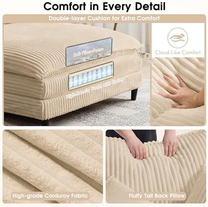 110" W Oversized Double Chaise Lounge Sofa Couch, Corduroy Sleeper Sofa Bed with Adjustable Backrest, Modern Upholstered Cloud Couch with Deep Seat & Pillows for Living Room, Khaki