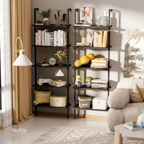 aboxoo Ladder Shelf Open 5-Tier Bookshelf Wall-Mounted Black Wood Bookcase Storage Rack Open Industrial Modern Plant Stand Utility Organizer Bookcase Metal Frame Furniture Office Bedroom