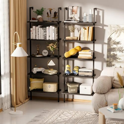 aboxoo Ladder Shelf Open 5-Tier Bookshelf Wall-Mounted Black Wood Bookcase Storage Rack Open Industrial Modern Plant Stand Utility Organizer Bookcase Metal Frame Furniture Office Bedroom