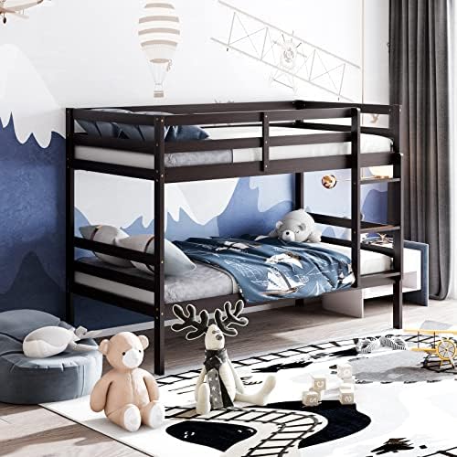 KOMFOTT Wood Bunk Bed Twin Over Twin, Bunk Bed with Ladder & Safety Guardrail, Solid Wood Bed Frame, Ideal for Dormitory & Multiple-Child Family, No Box Spring Needed, Kids Twin Bed