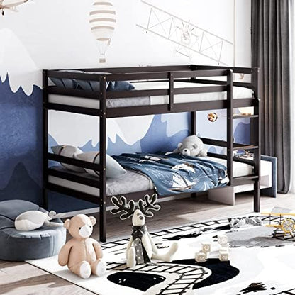 KOMFOTT Wood Bunk Bed Twin Over Twin, Bunk Bed with Ladder & Safety Guardrail, Solid Wood Bed Frame, Ideal for Dormitory & Multiple-Child Family, No Box Spring Needed, Kids Twin Bed