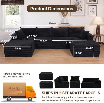 Claiks 120" Boneless Couch, U-Shape Corduroy Sectional Sofa, Black