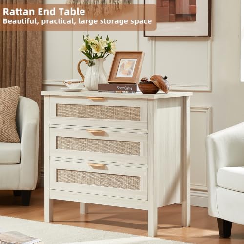 LEYAOYAO 26.8" Wide Rattan Nightstand, Large Boho 3 Drawer Night Stand