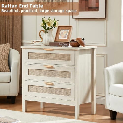 LEYAOYAO 26.8" Wide Rattan Nightstand, Large Boho 3 Drawer Night Stand