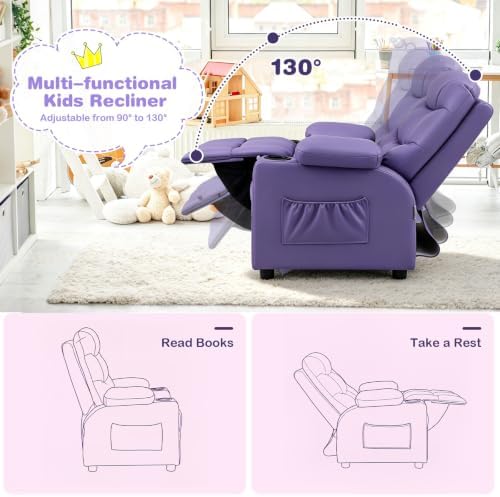 Costzon Kids Recliner Chair with Cup Holder, Adjustable PU Leather Lounge Chair Ages 3-12 w/Side Pockets for Children Boys Girls Room Reading Gaming Relaxing, Toddler Sofa, Kids Recliner (Purple)
