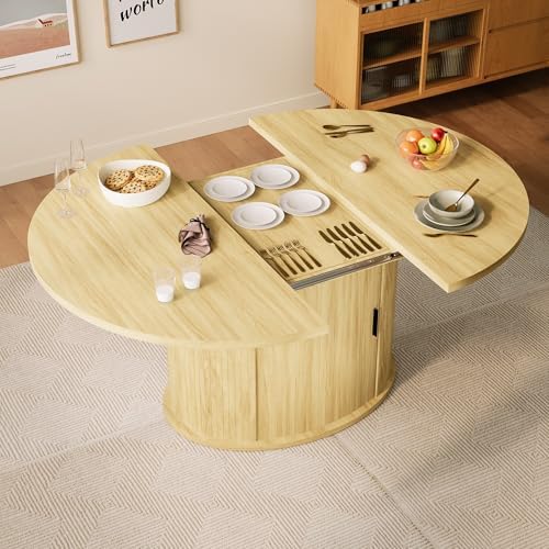 Dining Table for 4-6, 63“Extendable Round Dining Room Kitchen Table with 2-Tier Storage Shelf, Fluted Wood Table with Slide Door, Expandable Wood Oval Dinner Furniture with Pedestal Base (Oak)