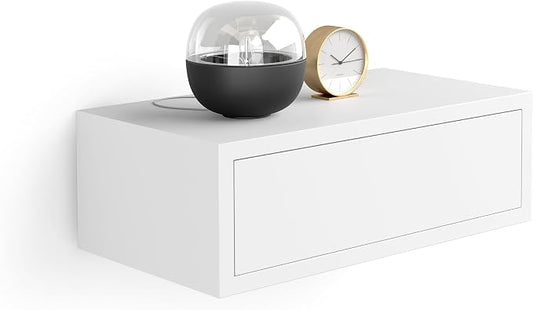 Mobili Fiver, Riccardo Floating nightstand, Matt White, 17.7" x 9.8" x 6.1 ", Melamine-Finished, Modern Bedside Table, End Table, Italian Furniture